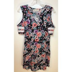 Black Dress with Flowers and Lines in Sleeves. Size Medium.